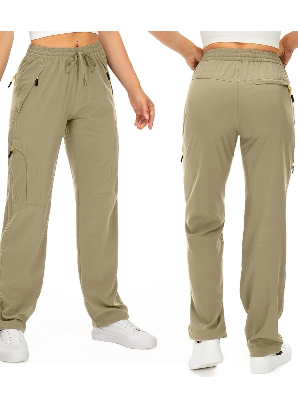 Women’s Utility Cargo Pants in Khaki - Elastic Waist & Zip Pockets